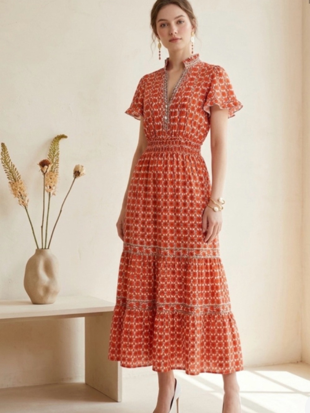 Max Studio Orange Printed Tiered Maxi Dress